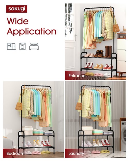 Sakugi Clothes Rack - Clothing Rack with 2-Tier Shoe Rack and Anti-Slip Stopper, Shoe Organizer for Entryway, Bedroom, or Laundry, Black, 29" × 12.2" × 59.3"