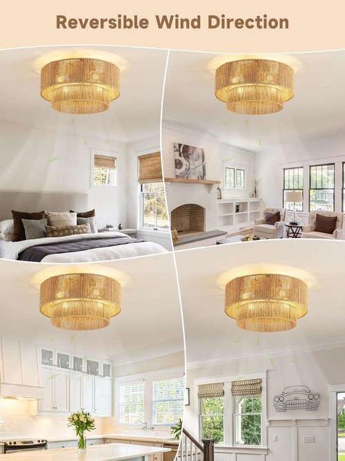 Boho Caged Ceiling Fan with Light Flush Mount, Handwoven Layered Rattan Fandelier with Remote Control & 6-Speed Reversible, Gold Low Profile Chandelier for Bedroom, Living Room, Girls Room, Nursery
