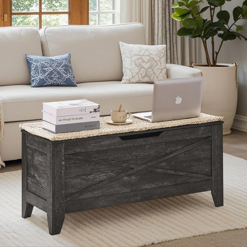 VECELO 43.3" Storage Chest with Lift Top Storage, Farmhouse Style Ottoman with Handwoven Wicker Cushion, Safety Hinges, Ideal for Entryway, Bedroom, Living Room, Coal Gray