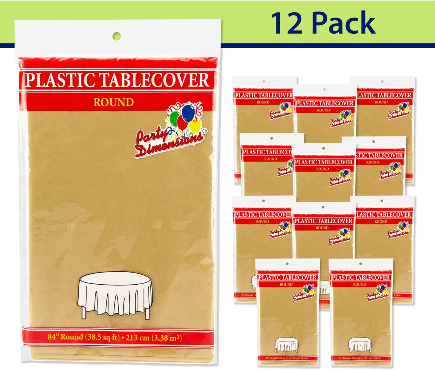 Party Dimensions Gold Disposable Plastic Tablecloths - 84-Inch Round Table Covers | 12 Pack for Events & Weddings