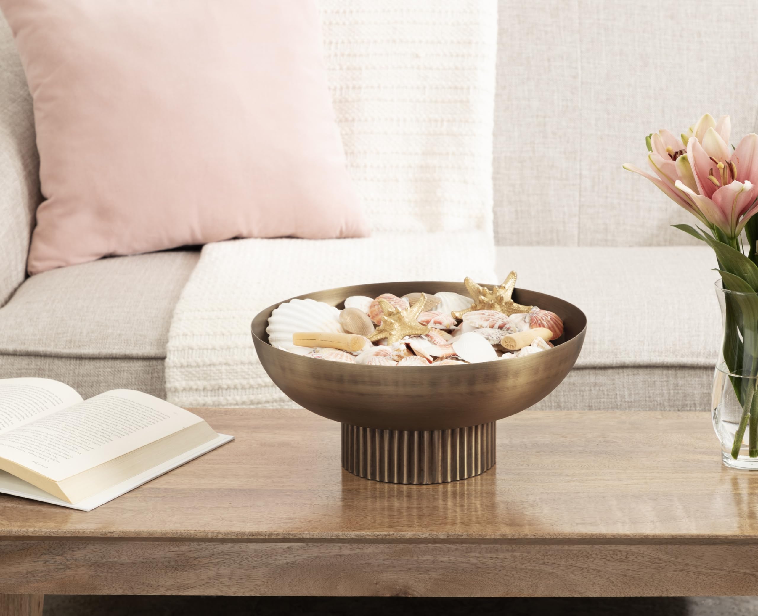 Kate and Laurel Rooks Ribbed Decorative Metal Bowl; 12 Inch Diameter; Brass; Modern Raised Fruit Bowl for Kitchen Counter or Use as a Key Bowl for an Entryway Table
