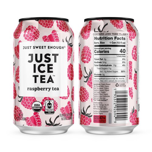 Just Ice Tea, Raspberry Flavored Black Iced Tea, 24-Pack (12oz Cans), USDA Certified Organic, Low Calorie, No Artificial Sweeteners, Fair Trade, Made in USA.