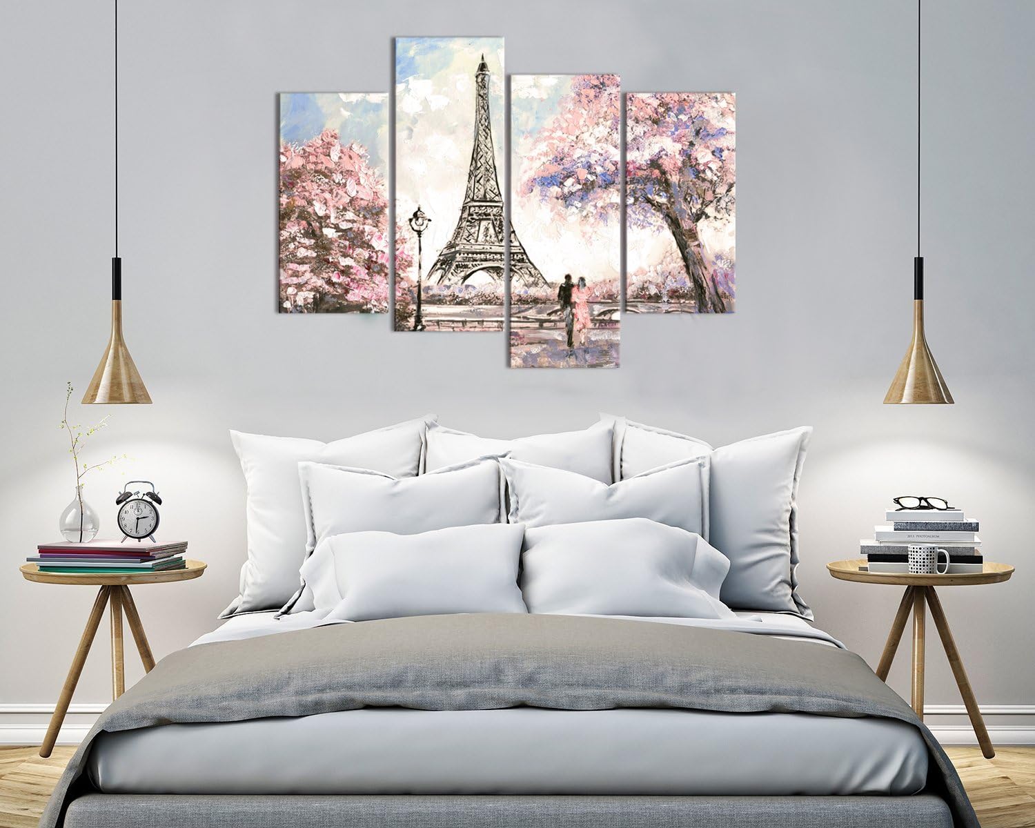 Visual Art Decor Pink Eiffel Tower Wall Art - Romantic Paris Landscape for Living Room | Framed 34"x48"
