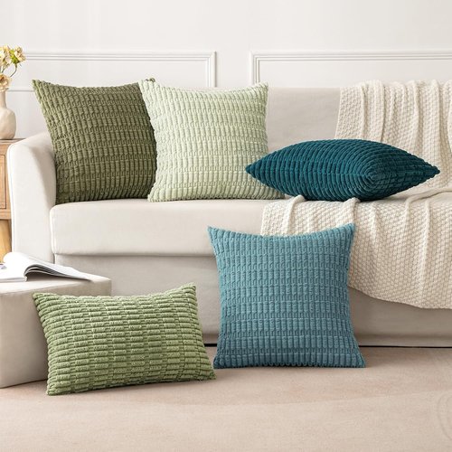 MIULEE Corduroy Decorative Throw Pillow Covers - Soft Boho Striped Design | 18x18 Inch Coastal Blue for Modern Home Decor