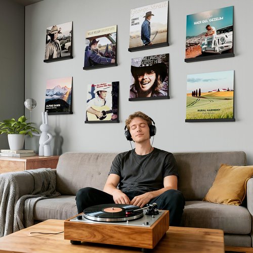 Emfogo Vinyl Record Shelf Wall Mount, 8 Pack Album Record Holder Wall, 12 inch Vinyl Record Storage Shelves Wall, Wood Record Display for Living Room(Black)
