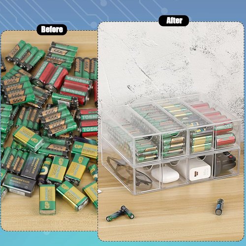 BTSKY Clear Acrylic Battery Storage Organizer - 4-Drawer Holder for AA, AAA, 9V & C Batteries