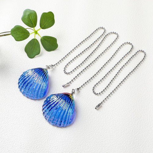 LONGSHENG - SINCE 2001 - 2 Pack Silver Ceiling Fan Pull Chain Extension, Blue Glass Shell Shaped Pendant Pull Chains for Ceiling Fans and Lights, Decorative Fan Pulls Extenders with Connector