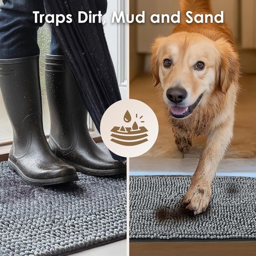 EHEYCIGA Super Absorbent Dog Door Mat - Quick Dry Chenille, Non-Slip, 30x20 Inch, Grey