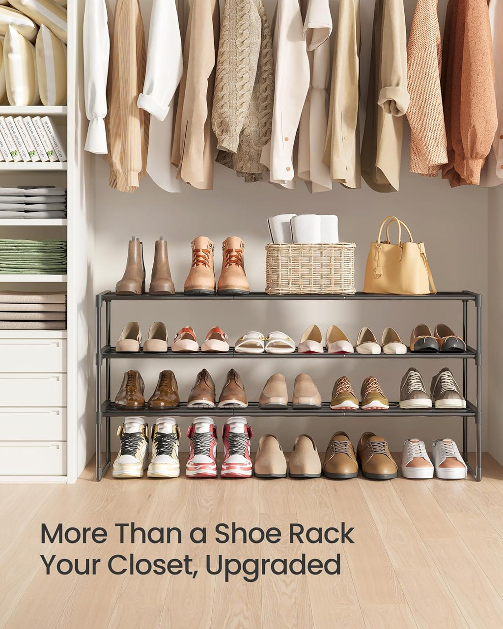 SONGMICS 3-Tier Shoe Rack - Stackable Metal Organizer for 20-24 Pairs - Black, 11.8 x 46.1 x 21.7 Inches