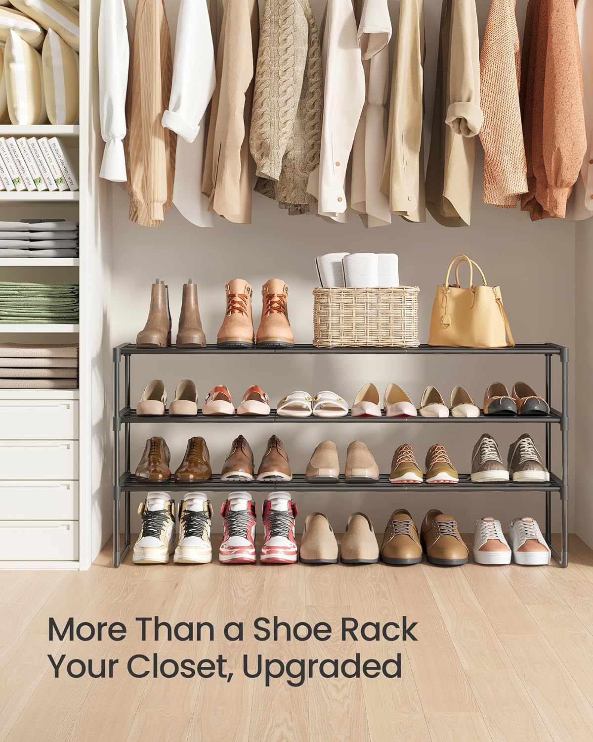 SONGMICS 3-Tier Shoe Rack - Stackable Metal Organizer for 20-24 Pairs - Black, 11.8 x 46.1 x 21.7 Inches