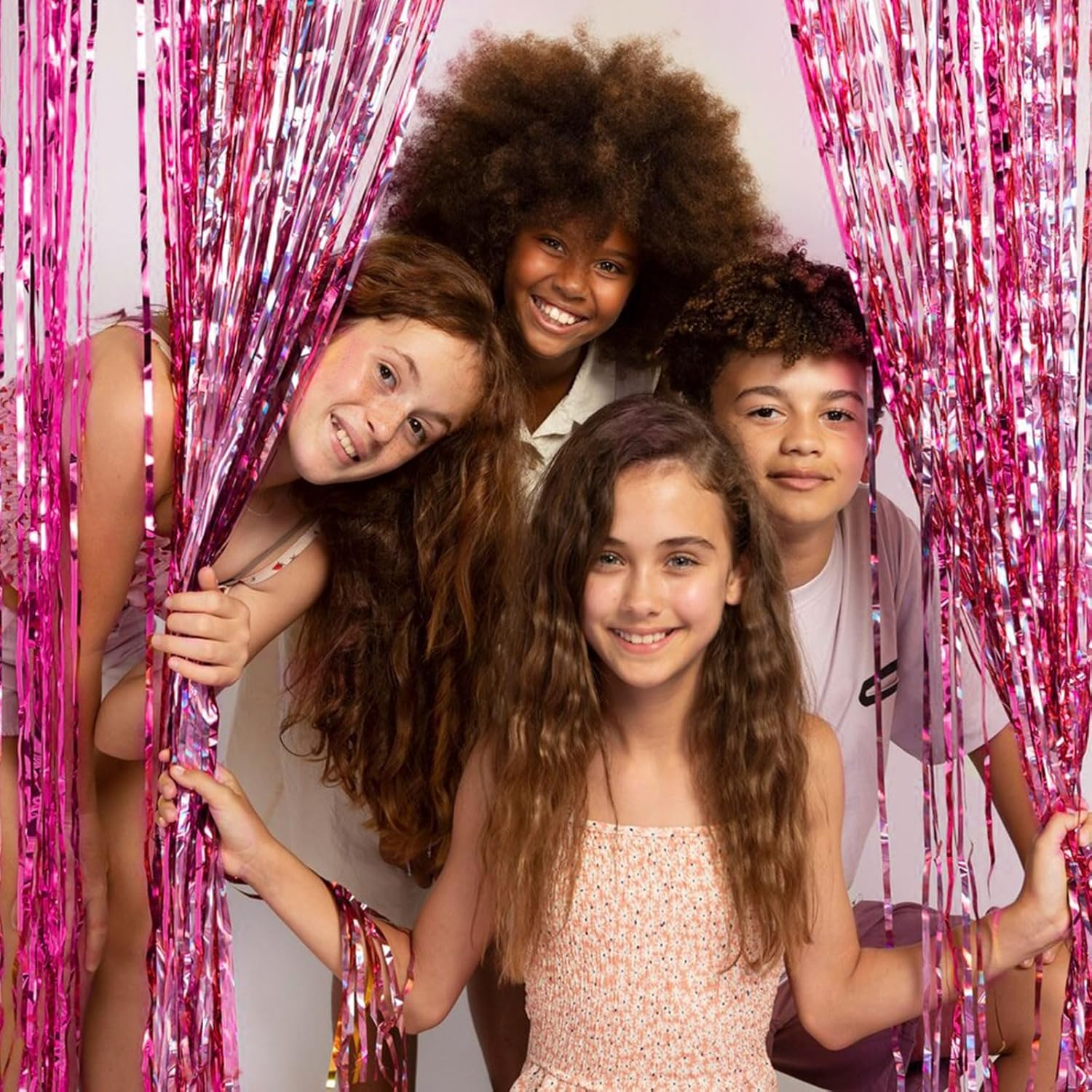 Skiennix Pink Metallic Foil Curtain Backdrop - 10 Pack Tinsel Fringe for Parties & Celebrations