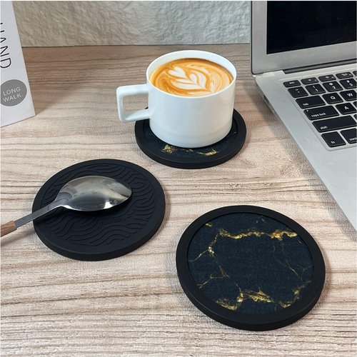 Set of 4 Non-Slip Silicone Coasters, Double-Sided Absorbent Cup Mats for Hot & Cold Drinks, Scratch & Water Ring Protection for Wood Tables, Home Office Bar Use (Black Gold Marble Pattern)