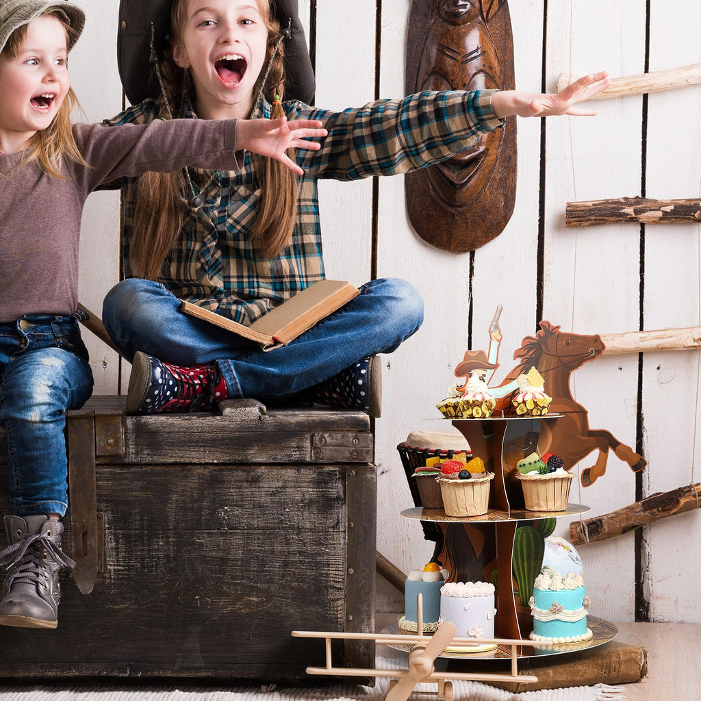 Zopeal Western Cowboy Horse Cupcake Stand, 3-Tier Western Theme Birthday Cupcake Holder, Cowboy Theme Cake Holder, Dessert Stand for Wild West Baby Shower, Birthday Party Supplies