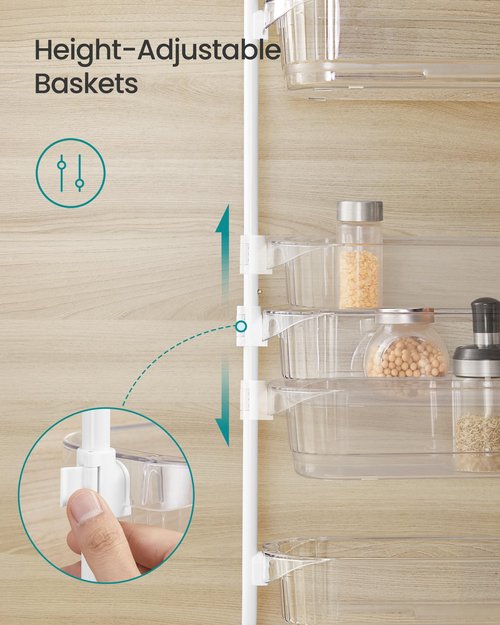 SONGMICS Over the Door Pantry Organizer, 6-Tier Kitchen Pantry Door Organizer with Adjustable Tall Baskets, Hanging Spice Rack, for Bedroom Bathroom Laundry Room, Transparent UKCS046WG01
