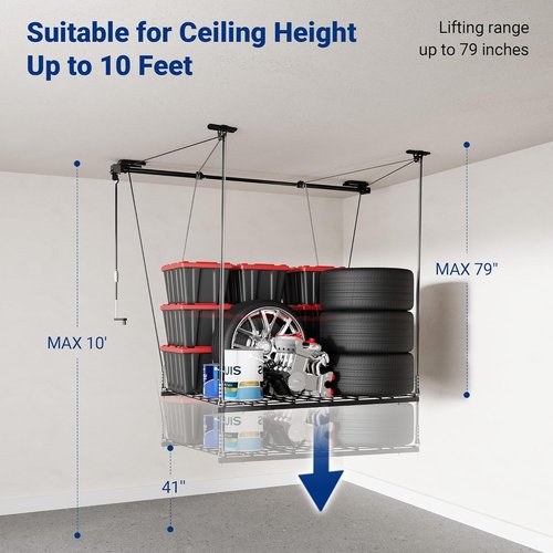FLEXIMOUNTS GL1 Overhead Garage Storage Rack - Heavy-Duty 4x4 Ft Metal Ceiling Organizer | Adjustable, 350lbs Capacity, Black