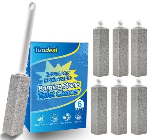 Pumice Stone Toilet Bowl Cleaner with Extra Long Handle - Effortlessly Removes Hard Water Stains, Limescale, Calcium, Rust from Toilets, Bathtubs, Grills, Pools & Sinks, 1 Wand+6 Pumice Stones