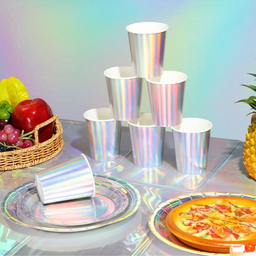 Iridescent Paper Plates and Napkins Set, Disposable Iridescent Paper Plates Cups Knives Spoons Fork Straw for Mermaid Birthday Wedding Party, Serve 100