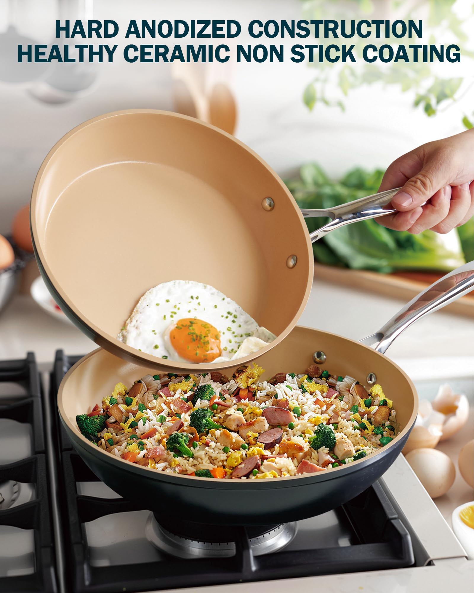 Cooks Standard Classic Hard Anodized 8 Inch / 9.5 Inch / 11 Inch Nonstick Frying Pan, Ceramic Non Stick Skillet, Induction Cookware Egg Omelette Pan, Oven Safe, Black & Apricot, 3-Piece