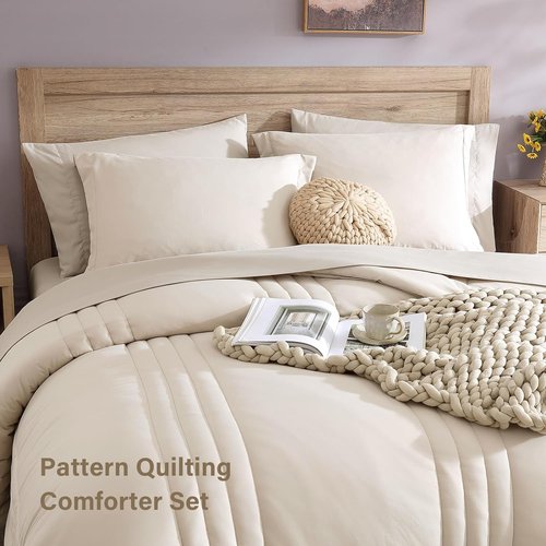 Monbix Queen Comforter Set - 7-Piece Beige Bedding Set | All-Season Comforter with Sheets & Pillowcases