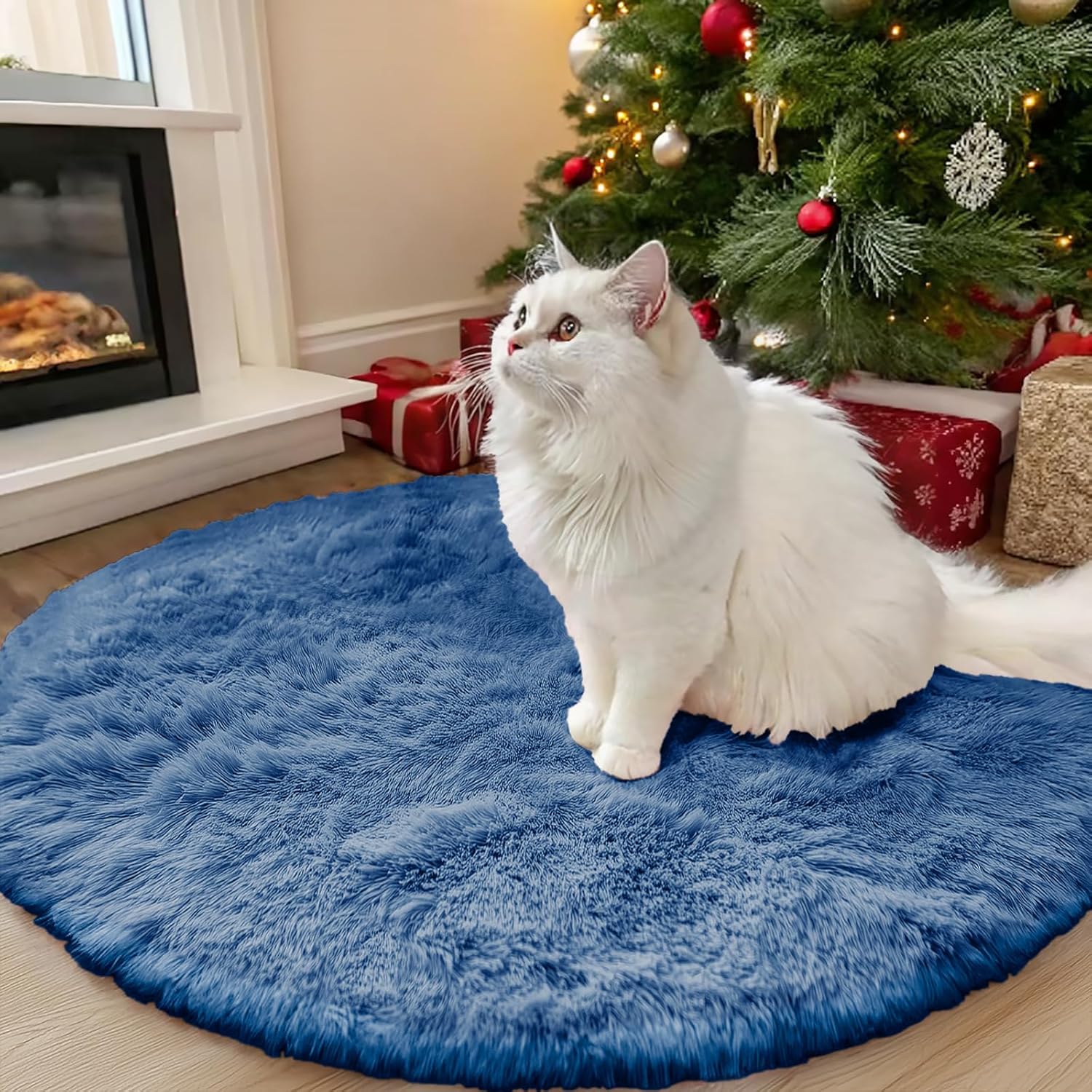 OLANLY Blue Round Area Rug - Soft, Fluffy, Machine Washable 3 ft Circle Carpet for Bedroom & Living Room Decor