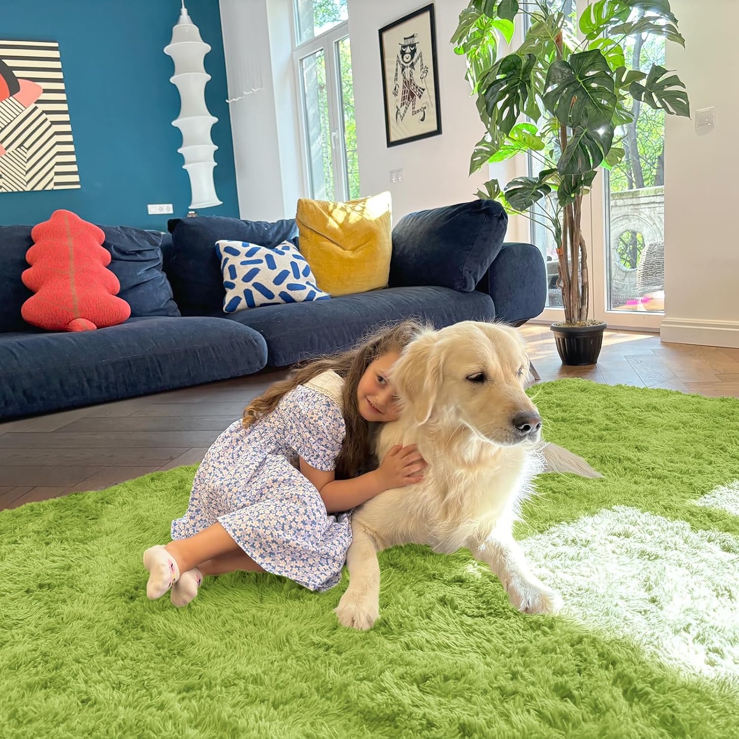 OLANLY 3x5 Soft Fluffy Shaggy Bedside Rug - Machine Washable Indoor Carpet for Kids & Nursery | Grass Green