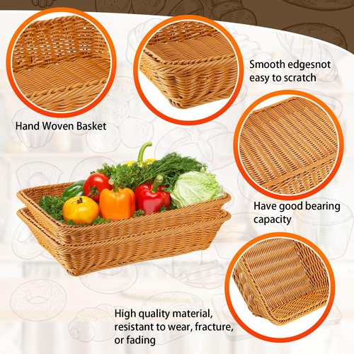 Tioncy 10 Pcs Poly Wicker Woven Bread Basket Imitation Rattan Fruit Basket Tray Stackable Rectangular Food Baskets for Serving Display Storage Kitchen Restaurant Home Vegetable (11.81 x 7.87 x 2.76")