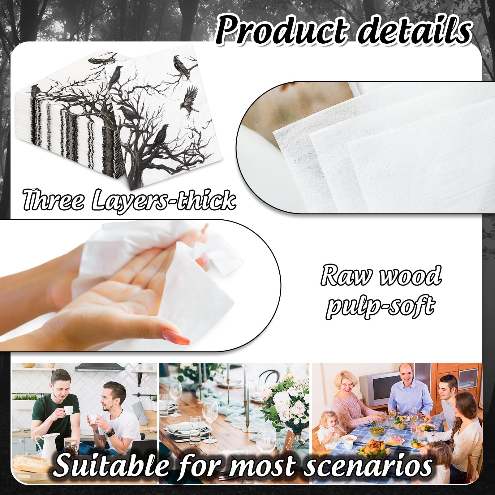 Generic 50Pcs Halloween Paper Napkins Disposable Silhouette Tree Crows Luncheon Napkins Black Dinner Hand Napkin for Party Supplies Table Decor