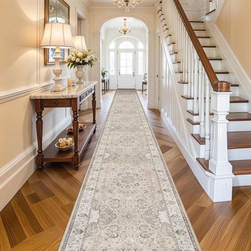 Hallway Washable Runner Rug - Vintage Soft Non-Slip 3x20 Floor Mat for Kitchen & Entryway | Beige