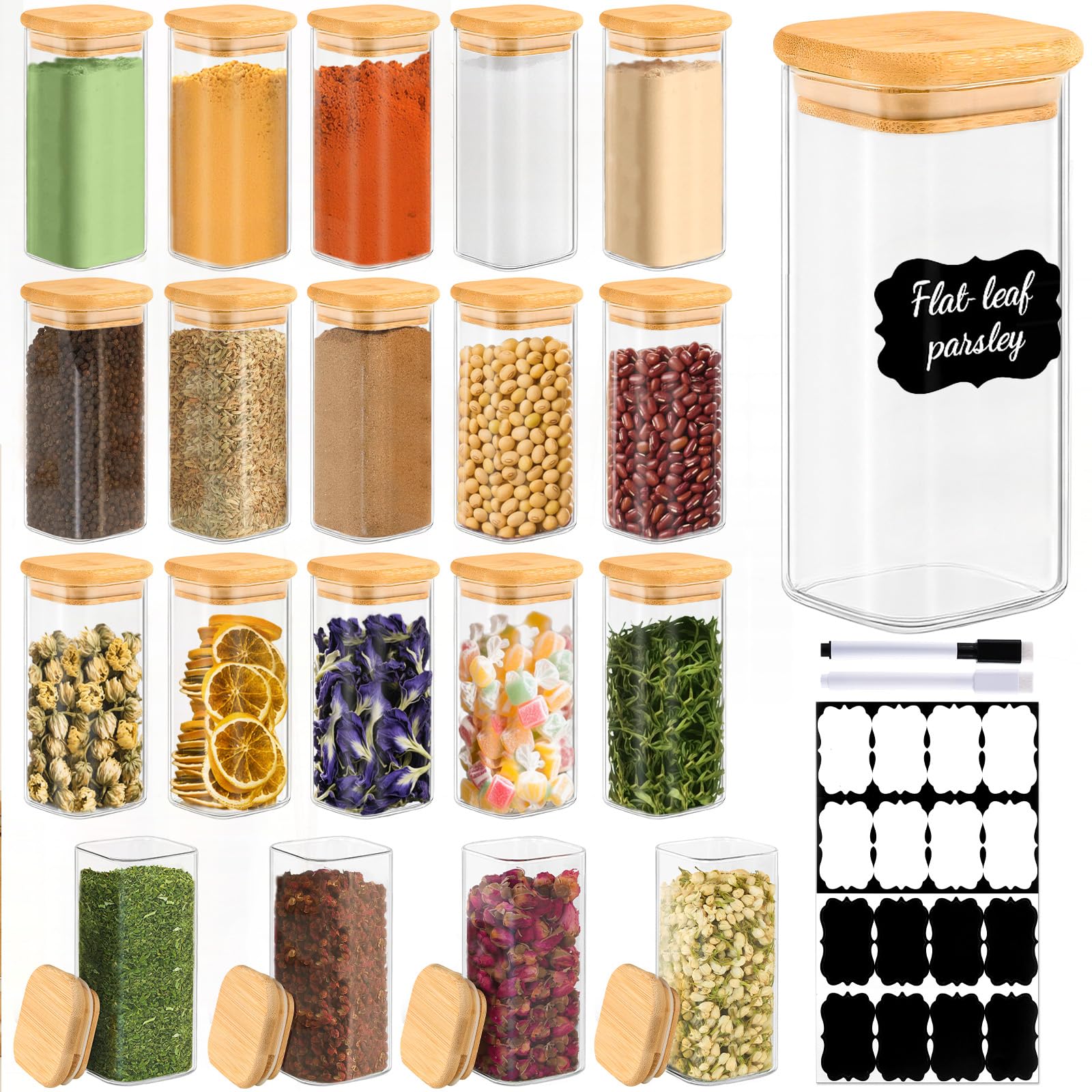 TBWIND 20 Pack 10 oz Square Glass Spice Jars with Lids and Labels – Airtight Small Spice Containers Set, Clear Glass Storage Jars for Seasoning, Spices, Kitchen Pantry Organization