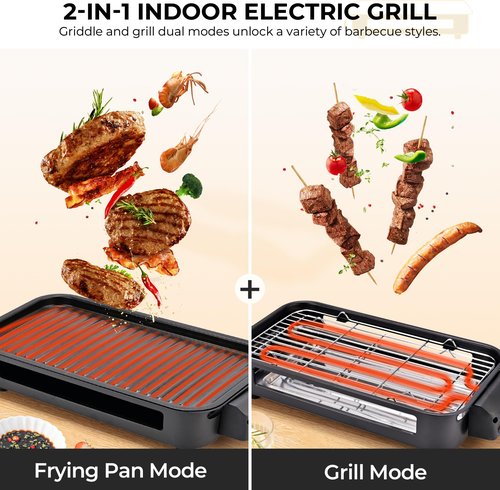Pukomc Electric Indoor Grill,2 in 1 Indoor Grills for Kitchen with Grill Net & Non-Stick Cooking Removable Plate, Temperature Control, Dishwasher Safe, 1700W Black