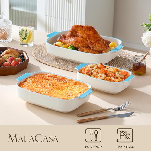 MALACASA Casserole Dishes Set - Ceramic Baking Pans with Handles | 3-Piece Rectangular Bakeware Set, White with Blue Trim (13.8''/11.7''/9.4'')