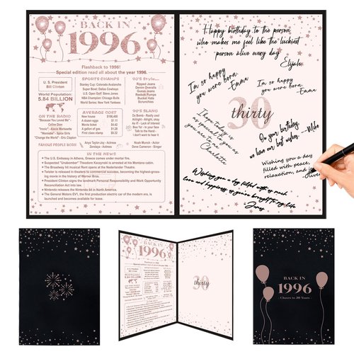 Crenics 30th Birthday Decorations for Her or Women, Black Pink Back in 1996 Poster, 30th Birthday Guest Signature Book, Awesome 30 Anniversary Birthday Gifts