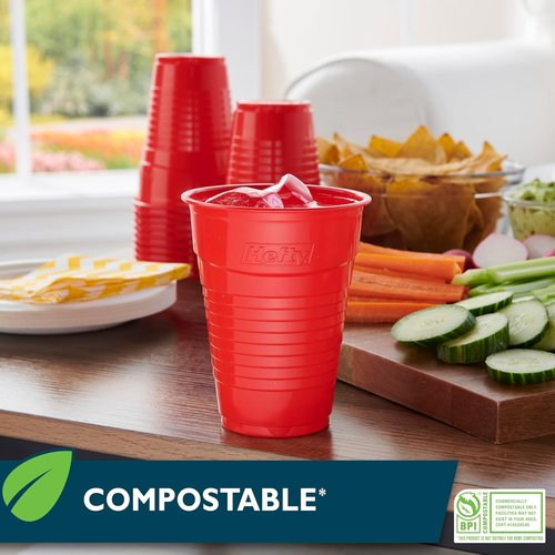 Hefty EcoSave Compostable Party Cups - Red 18 oz | 16 Count (Pack of 3) for Eco-Friendly Gatherings