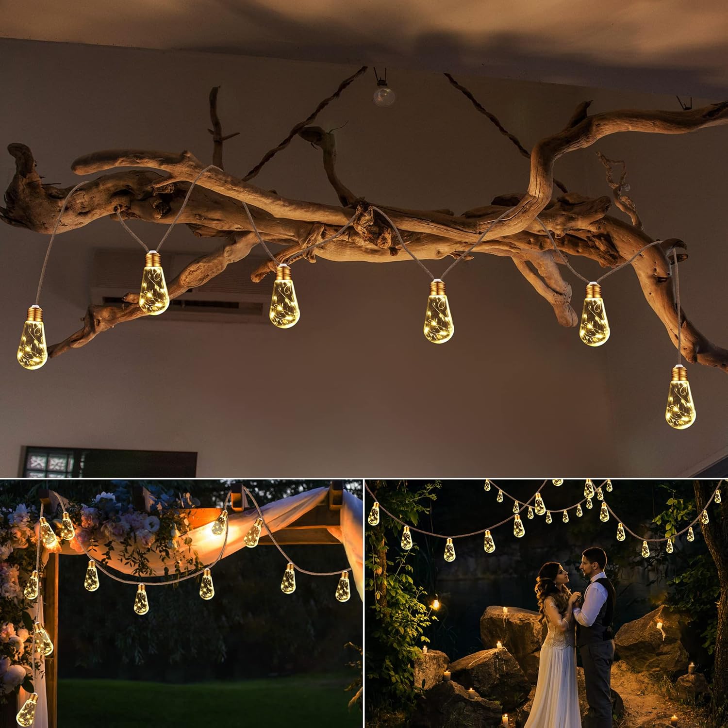 Skiennix Solar Outdoor String Lights - 20Ft Vintage Rope Hemp | Waterproof Warm White with 8 Modes & 16 Shatterproof Bulbs