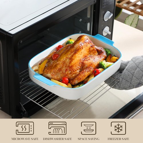 MALACASA Casserole Dishes Set - Ceramic Baking Pans with Handles | 3-Piece Rectangular Bakeware Set, White with Blue Trim (13.8''/11.7''/9.4'')