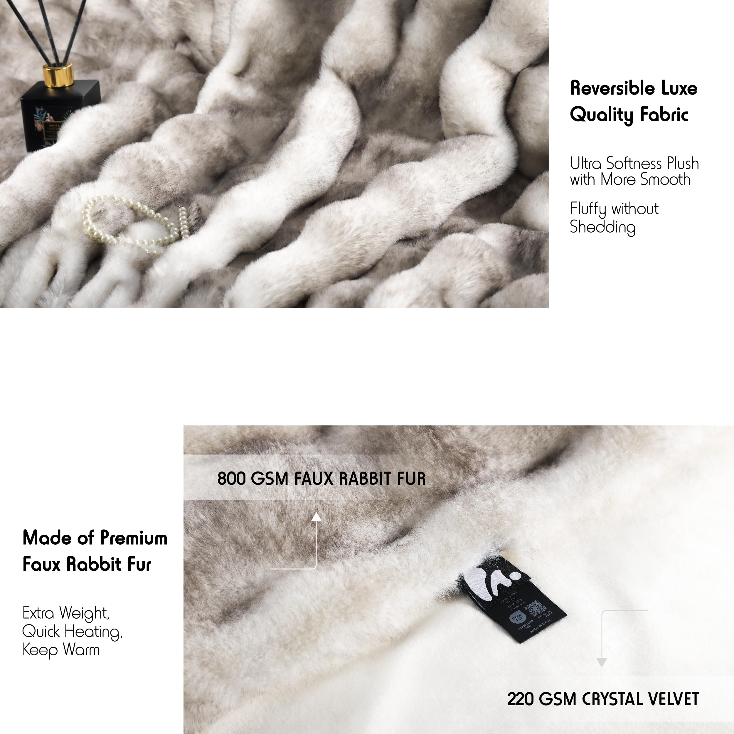 HRLMP Faux Rabbit Fur Throw Blanket for Couch 1000GSM Fuzzy Plush Warm Soft Bubble Blanket for Bed, Fluffy Thick Cozy Reversible Throw for Couch Sofa Chair Living Room (Grayish White, Twin-60"x80")