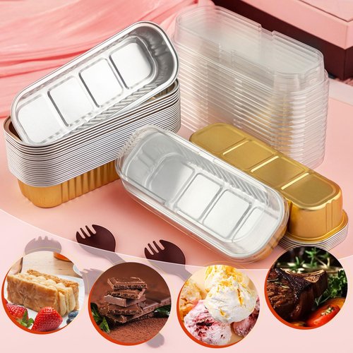 FFNIU 120Pcs Mini Loaf Pans with Lids and Spoons, Aluminum Foil Baking Pans, Rectangle Mini Cake Pan, Brownie Baking Cups for Picnics Party (Gold)