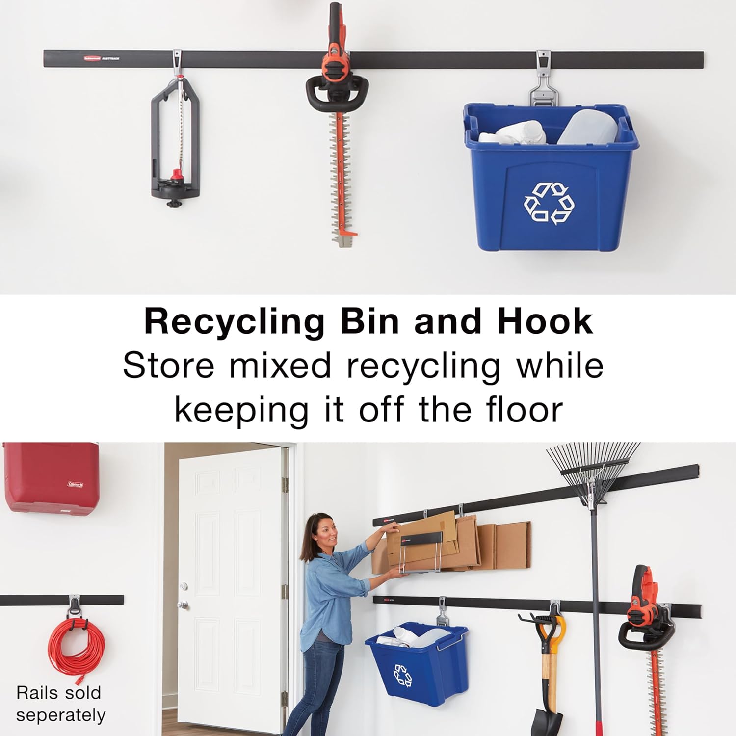 Rubbermaid Garage Recycling Bin - Wall Mounted System Holds Up to 50 Pounds | Blue/Satin Nickel