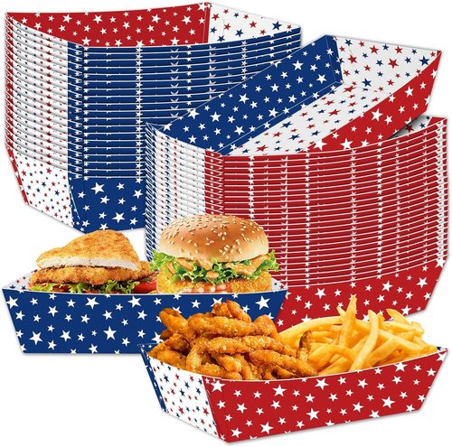 30 Pack Red, White & Blue Star Food Trays - Disposable Paper Serving Containers for BBQs & Patriotic Parties