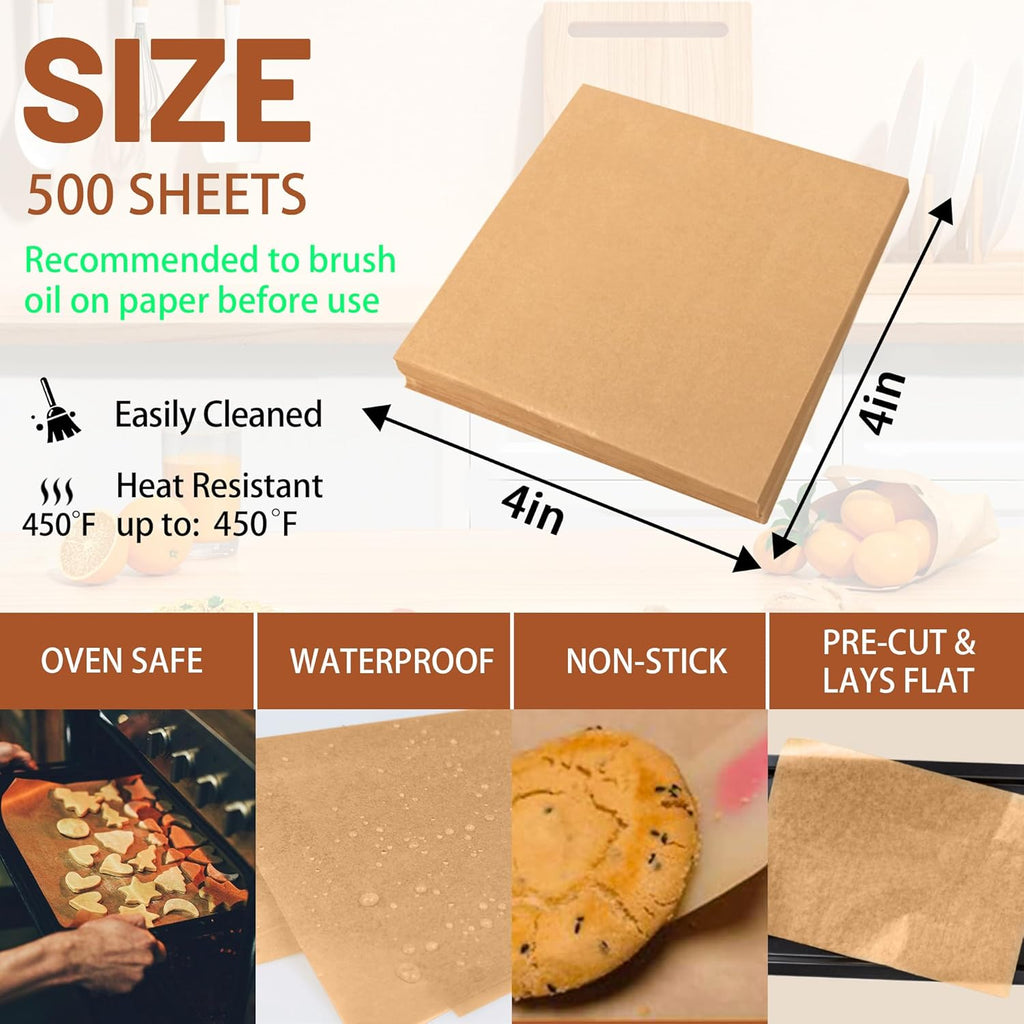 Precut Unbleached Parchment Paper Sheets by [Brand Name] | 500 Pcs Non-Stick & Greaseproof 4x4 Inch Baking Paper