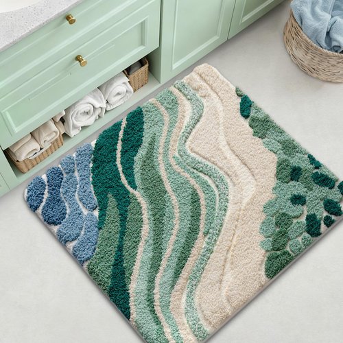LUMI Beach Bathroom Rug Square, Non Slip Bath Mat Quick Dry, Ultra Soft Washable Absorbent, Ocean Sea Theme Bath Rug for Shower Floor, Home Decor, Kids Room, Bathtub, 32"x32"