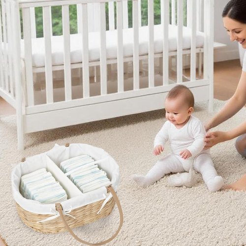 QINGTUHOME Handwoven Wicker Diaper Caddy Organizer, Multi - functional Baby Diaper Bag for Nursery & Home Storage, Detachable Lining, PU Handles, Baby Registry Must Haves (Water hyacinth)