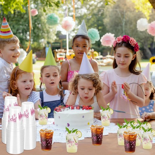 ZCPTZ 100 Pcs Pink Bow Plastic Cups, 12 oz Cute Bow Drinking Cups Pink Bow Clear Disposable Plastic Cups for Bridal Shower Wedding Birthday Party Supplies
