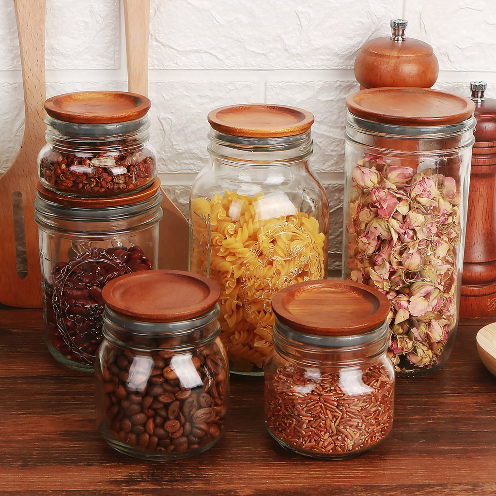 6Pack Wide Mouth Mason Jar Lids Acacia Wooden Storage Canning Jar Lids Ball Jars Bamboo Wooden Lids with Airtight Silicone Seal, Brown