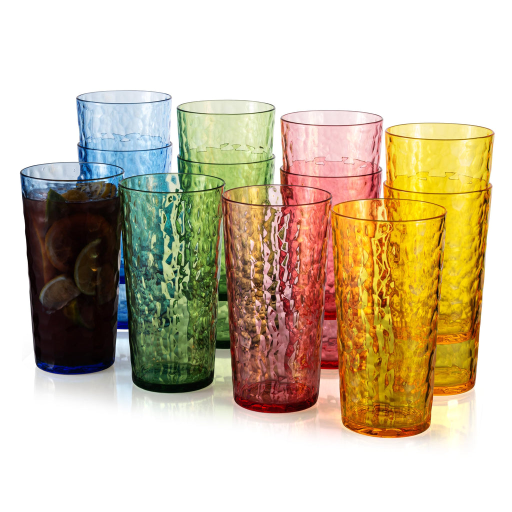 ZAINCA 24-ounce Plastic Tumblers, Acrylic Drinking Glasses High-Balls, Reusable Plastic Cups, set of 12 Multicolor Hammered Style Stackable, BPA-Free, Shatter-Proof, Dishwasher-Safe