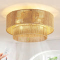 Boho Caged Ceiling Fan with Light Flush Mount, Handwoven Layered Rattan Fandelier with Remote Control & 6-Speed Reversible, Gold Low Profile Chandelier for Bedroom, Living Room, Girls Room, Nursery