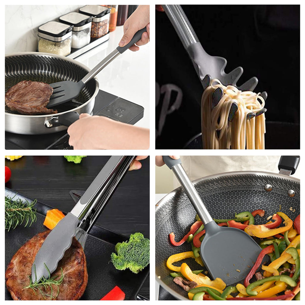 Keidason Kitchen Cooking Utensils Set, 12-piece Non-stick Kitchen Silicone Utensils Set Heat-resistant Stainless Steel Handle,BPA-Free, Kitchen Tool Set (Black)