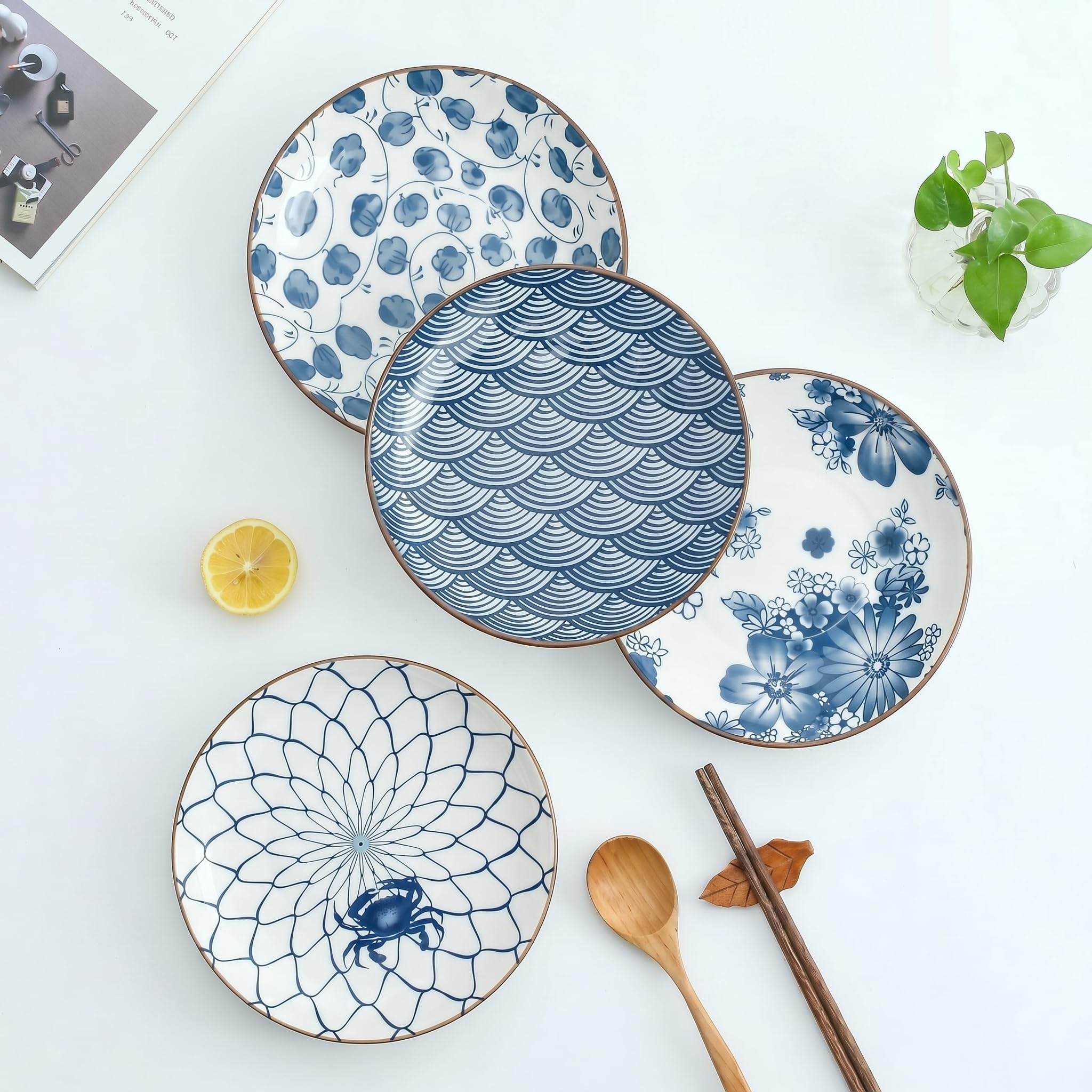 YALONG Small Ceramic Salad Plates Set of 4, 7 Inch (13oz) Japanese Appetizer Plates for Sushi Snacks, Dessert Plates for Cake Fruit, Blue & White Dinnerware, Microwave Dishwasher Safe