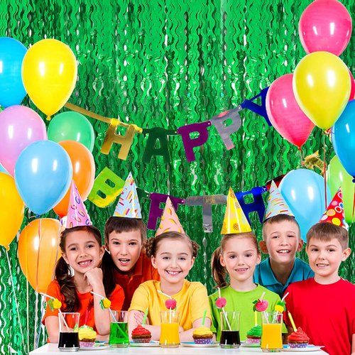 Green Tinsel Foil Fringe Curtains - Metallic Wavy Backdrop for Parties & Photo Booths