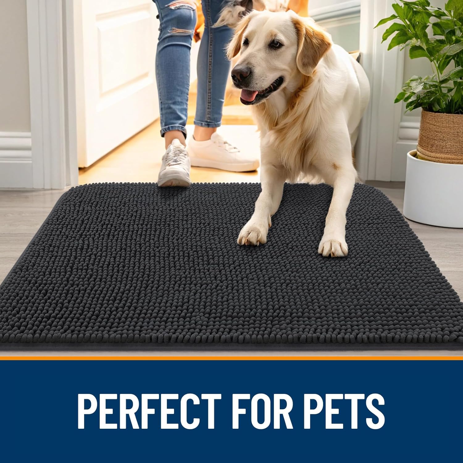 OLANLY Dog Door Mat - Absorbent Non-Slip Chenille Mat for Muddy Paws | 54x24 Inches, Dark Grey